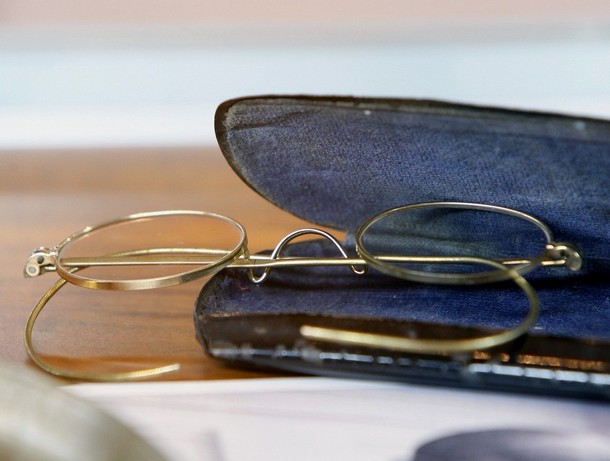A pair of wire rimmed glasses that were owned by Indian independence leader Mahatma Gandhi are on display before being auctioned at Antiquorum Auctioneers in New York