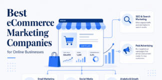 9 Best eCommerce Marketing Companies for Online Businesses (2026) Graphic displaying key services offered by the best e-commerce marketing companies, including SEO, paid ads, and data analytics.