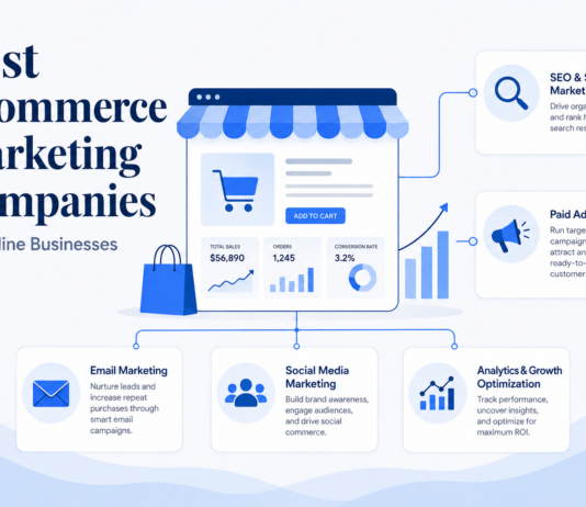 9 Best eCommerce Marketing Companies for Online Businesses (2026) Graphic displaying key services offered by the best e-commerce marketing companies, including SEO, paid ads, and data analytics.