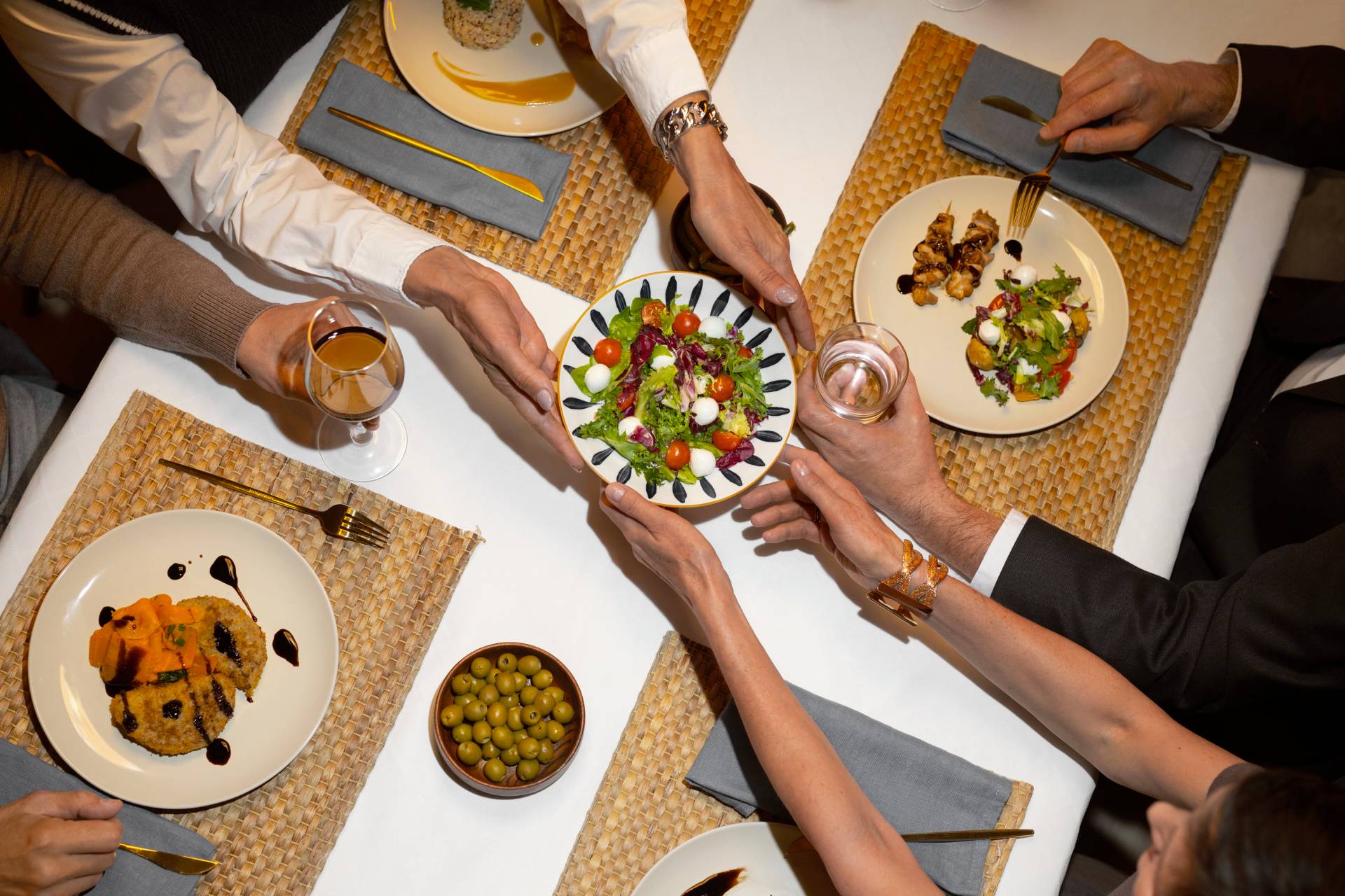 top view friends having lunch luxury restaurant